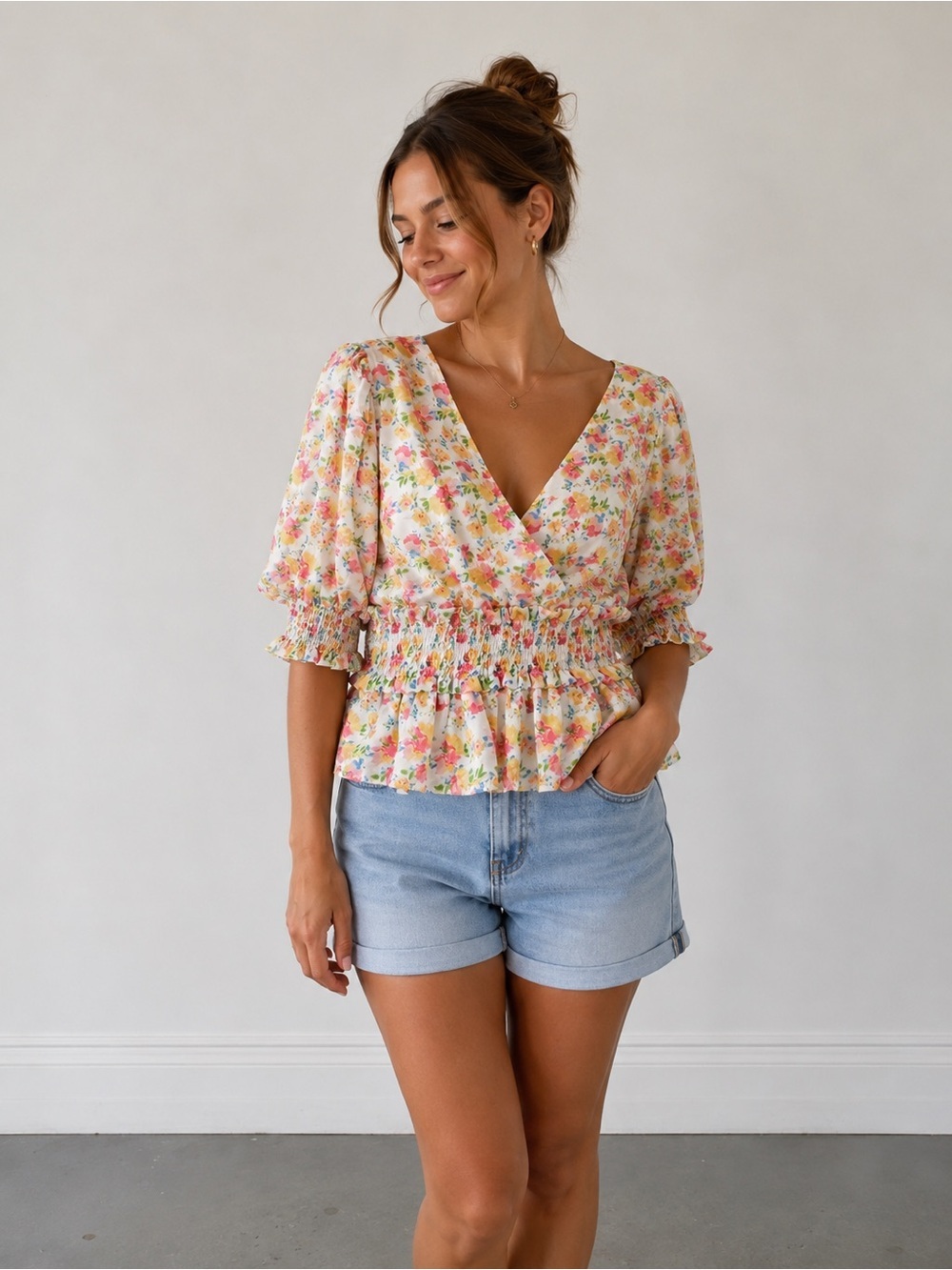 Wishing Waves Floral Smocked Peplum Balloon Sleeve Top Blouse Size XL
